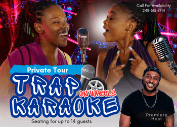 Trap karaoke event poster with performers singing.